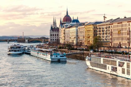 Cruise ships at sunset on Danube river